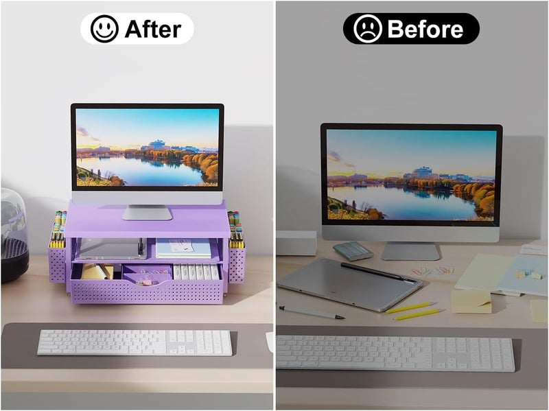 gianotter Wood Monitor Stand Riser, Desk Organizer with Drawer and 2 Pen Holders, 2-Tier Workspace Organizer for Office Supplies (Purple Wood) - Image 2